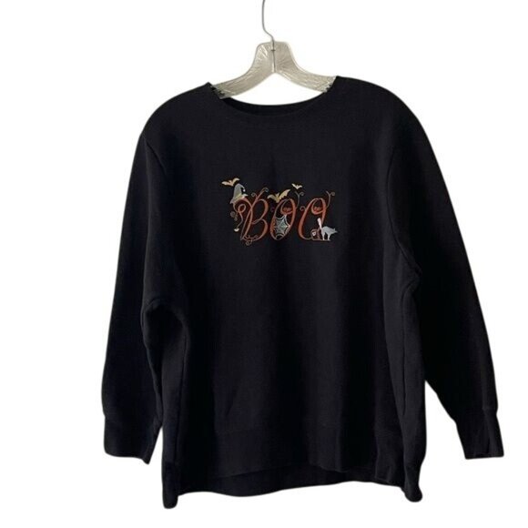 Halloween "Boo" Graphic Black Sweatshirt 1X Cotton Blend Casual Fall Fashion - Picture 1 of 7